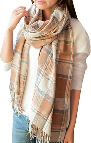 Image of ALUNME Women's Long Plaid Blanket Scarf Chunky Oversized Winter Fall Warm Big Tartan Scarves Wrap Shawl Ladies Gifts (Camel)