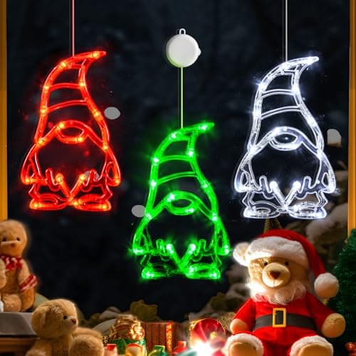 Image of LOLStar Christmas Lights, 3 Pack Red White Green Gnomes Christmas Window Decorations with Suction Cup, Battery Operated(Excluded) Indoor Lights for New Year, 2023 Slow Fade Mode and Timer Function