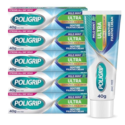 Image of Poligrip Denture Adhesive Cream, False Teeth and Partials Fixative, Ultra, 40 g (Pack of 5)