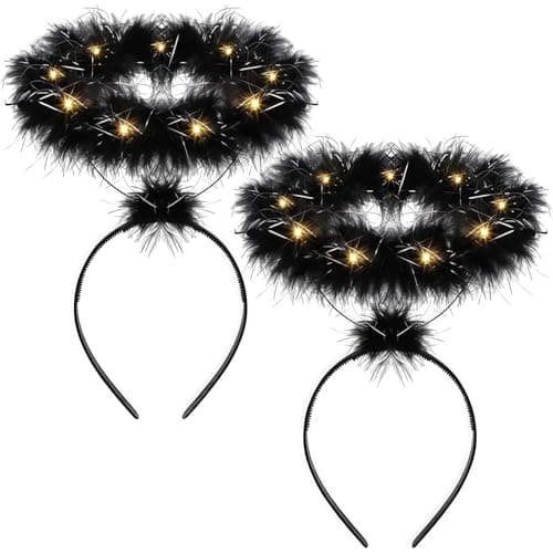 Image of Moorlan 2 Pack LED Black Angel Halo Headband, Light Up Fluffy Feather Halo for Halloween, Christmas, Fancy Dress, Dark Angel Costume Accessories for Adults & Teens
