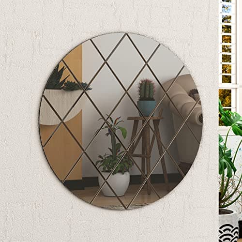Image of Home Supplies Interiors Art Deco Round Wall Mirror Glass 50CM Grey Design for Bedroom, Modern Wall-Mounted Mirrors for Hallway, Entryways and Lounge