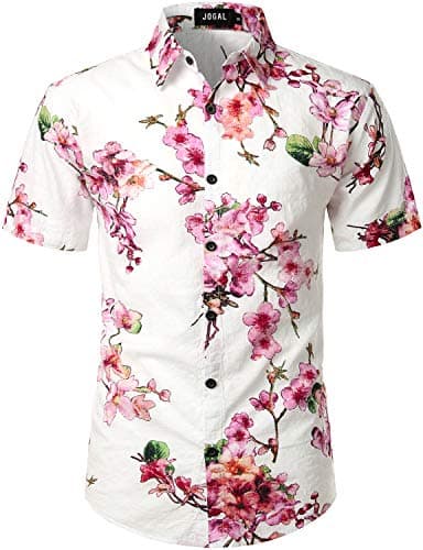 Image of JOGAL Mens Flowers Casual Aloha Hawaiian Shirt Large WhitePeach