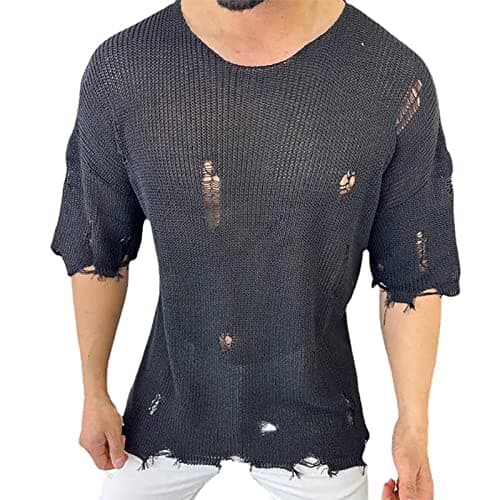 Image of Men's Ripped Sweater Pullover Crewneck Distressed Knit Jumpers Tops Short Sleeve Cut Off Knitted Sweaters for Men Dad Husband Boyfriend Fashion Hipster Outdoor Streetwear Traveling Clothes Black