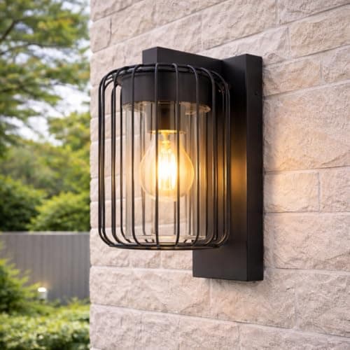 Image of CGC Lighting Outdoor Outside Wall Light Black Modern, E27 Bulb, Mains Powered, Garden, Porch, Patio (Black Cage)