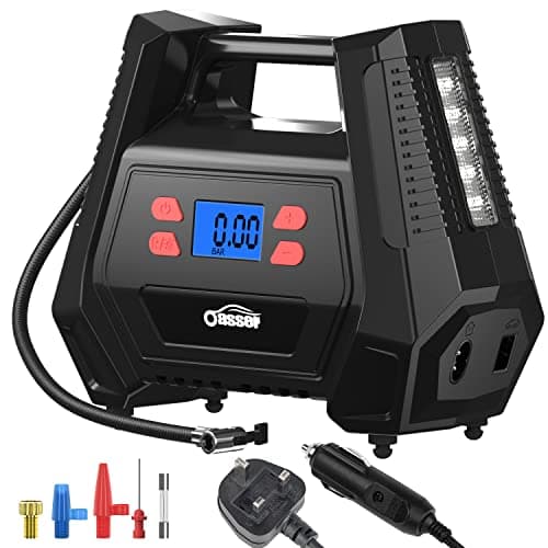 Image of Oasser Tyre Inflator Air Compressor with 12V AC/240V DC car tyre Pump 150 PSI Mains Car Tyre Pump with Plug with 5 Nozzle Adaptors, LED Light Fits for Cars Motorcycles Bicycles