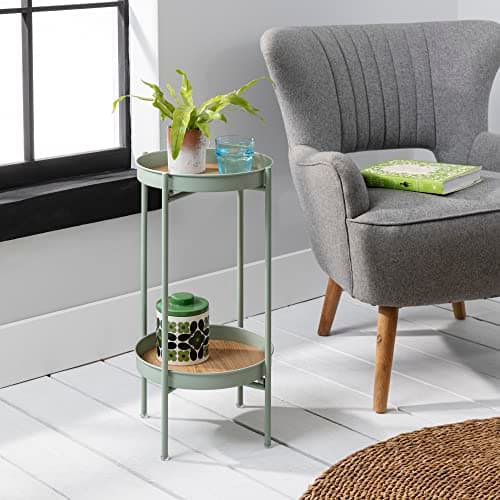 Image of Design Elements 2-Tier Round Side Table, Light Green - Stylish Living Room & Patio Small Coffee Tables w/Contrasting Wood Shelves & Metal Base for Home & Office - Easy to Assemble Solna Nest Tables
