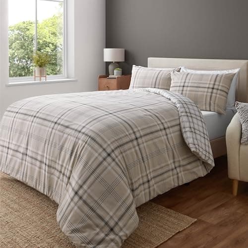 Image of Catherine Lansfield Kelso Check Reversible Single Duvet Cover Set with Pillowcase Natural