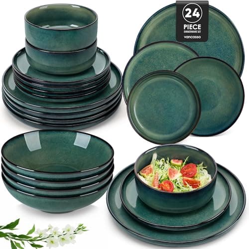 Image of vancasso Crockery Set, Starry 24 Piece Dinner Plates Set of 6, Include Ceramic Dinner Plates, Dessert Plates, Pasta Bowls and Cereal Bowl,Dishwasher and Microwave Safe, Vintage Green