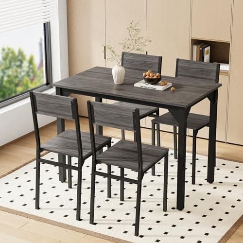 Image of Warmiehomy Dining Table and Chairs Set 4, Kitchen Table with 4 Chairs Dining Furniture Set Modern Rectangular Metal Frame & MDF Board for Dining Room, Living Room,Gray,105x60x76CM