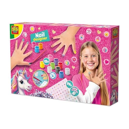 Image of SES Creative 14729 Unicorn Nail Designer - Creative Nail Art Kit for Kids Aged 6+ - Includes 12 Water-Based, Washable Nail Polishes in Vibrant Colors, Pink