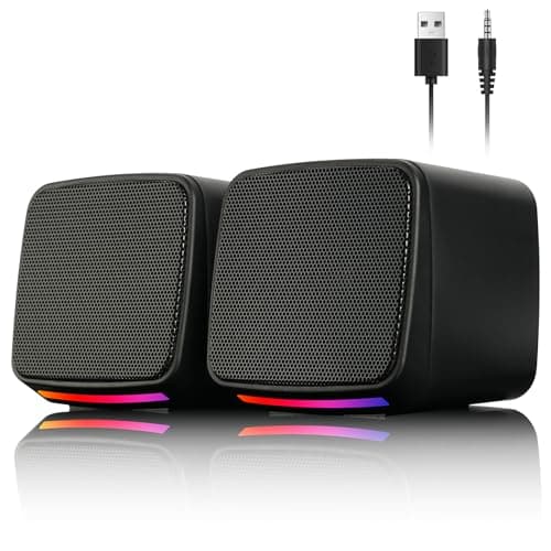 Image of Vicloon PC Speakers, 2.0 Speakers for PC or Laptop, USB-Powered Compact Speaker, 3.5mm Aux input, Colorful RGB Lights, 1 Pair, Black