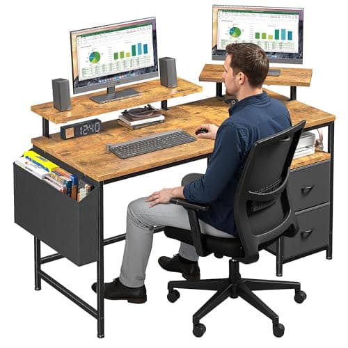 Image of Cliporix Small Computer Desk with Drawers – 100x75 cm Reversible Home Office Desk, Dual Monitor Stand & Fabric Storage Drawers & Hooks, Modern Rustic Brown Gaming Desk for Corner Compact Apartment