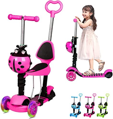Image of 3 Wheel Scooter for Kids Toddler Age 3-6, Kick Scooter with LED Flashing Light Up Wheels, Removable Seat&Push Handle, Adjustable Handlebar, Lightweight Scooters Toddlers Children Boys Girls