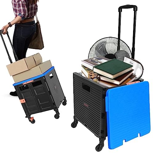 Image of Foldable Shopping Trolley Wheel Box, Foldaway Trolley, Folding Boot Cart Telescopic Adjustment Handle with Lid Wear-Resistant Noiseless 360°Rotate Wheel 50KG/110LBS Load Capacity Portable Box