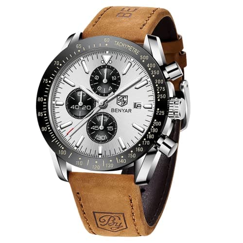 Image of by BENYAR Men's Watches Chronograph Analogue Quartz Movement Waterproof Luminous Date Wrist Watch Business Casual Designer Watches Elegant Gift for Men, Brown White, Strap
