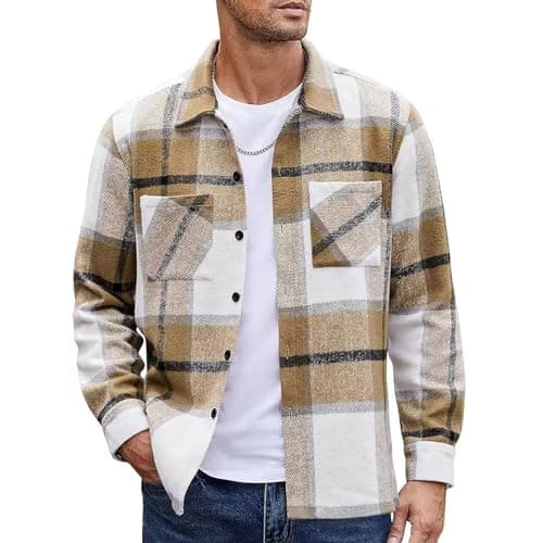 Image of MakingDa Mens Flannel Shirt Long Sleeve Warm Thick Checked Shirt Button Down Casual Winter Plaid Shirts with Pockets Regular Fit Lapel Collar Check Shirt Jacket Smart Casual Work Shacket Khaki XL