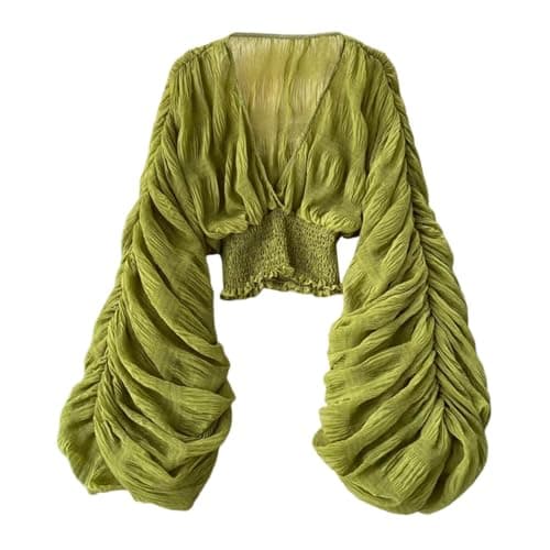 Image of Women's Lace Tops Puff Long Sleeve V-Neck Casual Blouses Shirts Sexy Ruffle Long Sleeve Summer Lace Tops 2024 Puff Flare Shirt Hollow Out Button Down Tunic Blouses Fashion Chiffon Top, O Green, One