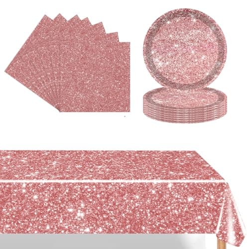 Image of POPOYU 37Pcs Rose Gold Party Tableware Set,Pink Party Tableware, Rose Gold Paper Plates,RoseGold Napkins and Table Cloth Tablecover for Birthday,Chritmas,Wedding Party Table Decoration