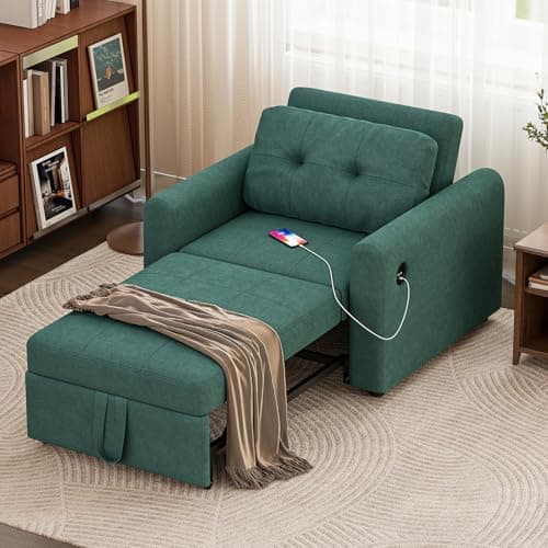 Image of Luxstein Single Sofa Bed, 3-in-1 Convertible Sleeper Sofa Chair with Adjustable Backrest, USB Port and Side Pockets, Pull Out Sofa Beds for Living Room Guest Room Office, Green