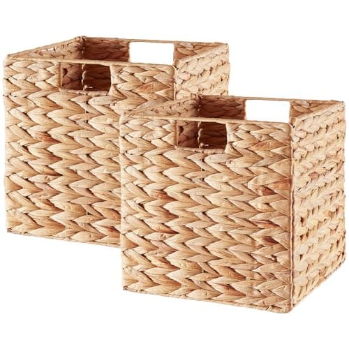 Image of Vagusicc Woven Storage Basket, Water Hyacinth Wicker Basket for Shelves Closet Organizer, Square Shelf Baskets for Toys, Books, Decorative Empty Gift Baskets for Home Bathroom Decor, 28x28x28cm
