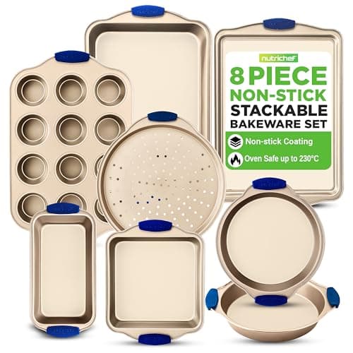 Image of NutriChef Non-Stick Baking Tray Set 8-Piece , Stackable Bakeware Tins with Cookie Sheet, Roasting Pan, Square Loaf Pan, Pizza Pan, Muffin Pan, Cake Tin, Space-Saving Gold Oven Baking Set