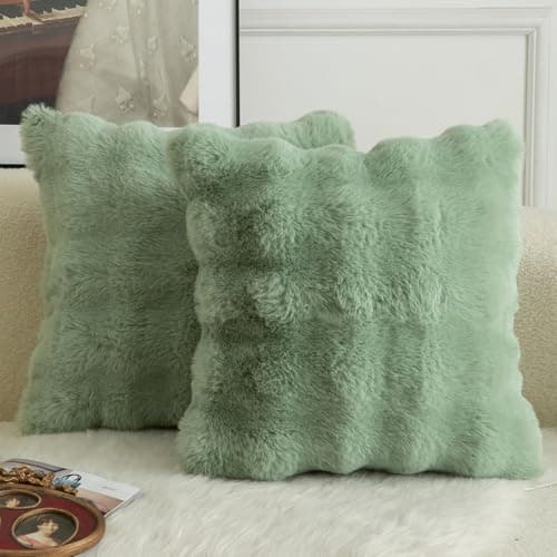 Image of Mandioo Pack of 2 Cushion Covers 40cm x 40cm Decorative Thick Plush Wool Throw Pillow Covers cases for Sofa Bedroom Living Home 16 x 16 Inch Sage Green