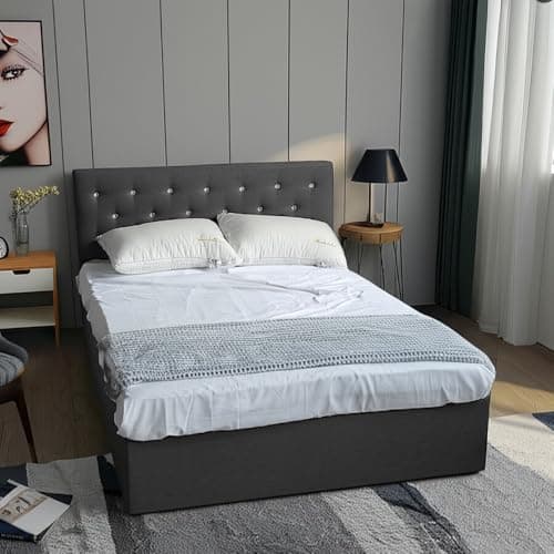 Image of Panana Upholstered Ottoman King (5ft) Grey Linen Fabric Storage Bed, Gas Lift Up Bed Frame with Storage, End Opening Wooden Slats (Grey with Crystal Headboard, King Size)