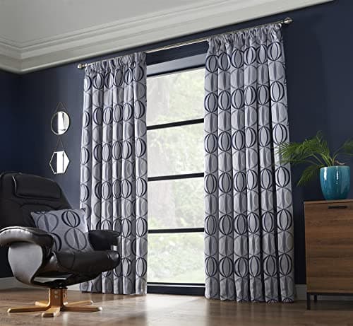 Image of Alan Symonds Omega Navy Taped Top Curtains Pair Fully Lined Jacquard 90" x 108"
