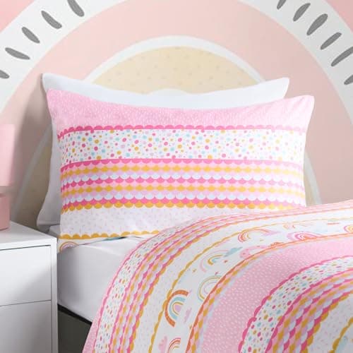 Image of OHS Single Bedding Set Bright Rainbow, Soft Fabric, Vibrant Rainbow Design with Pink, Orange, Blue, Reversible Quilt Cover & 1 Pillowcase, Multi - Single Size
