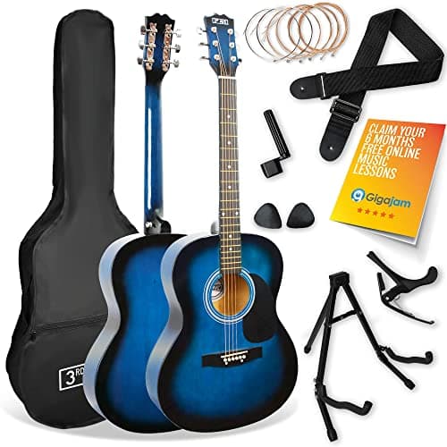 Image of 3rd Avenue Full Size 4/4 Acoustic Guitar Pack for Beginners - 6 Months FREE Lessons, Gig Bag, Picks, Spare Strings, Stand, Strap, Capo - Blue
