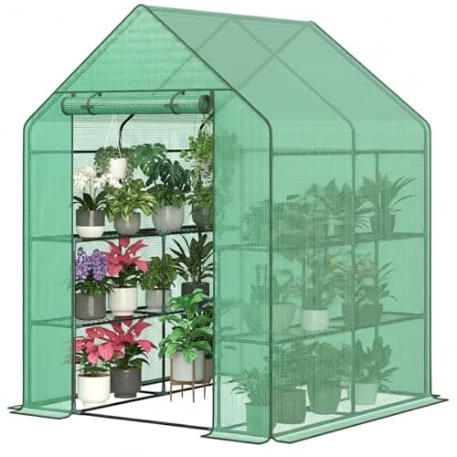 Image of SG Traders Walk In Greenhouse with 8 Shelves - Weatherproof Garden Grow House with PE Cover - Portable Heavy Duty Frame Outdoor Green House for Garden, Roll-Up Door Panel with Zipper, Easy to Assemble