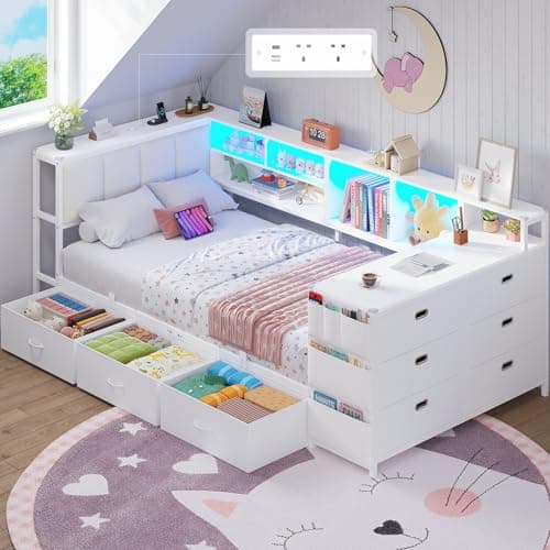 Image of Brinlawb Single Bed Frame with Charging Station (2 AC Sockets, 2 USB Ports) and LED Lights, Single Bed with Storage, 9 Drawers & Desk, Upholstered Headboard, Reversible Left/Right Hand Assembly, White