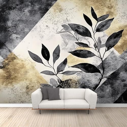 Image of QDJKBL Grey Medieval Geometry Wall Murals Retro Plant Leaves Mural Wallpaper Abstract Bohemian Geometric Wallpaper for Living Room Bathroom Kitchen 300 x 210 cm