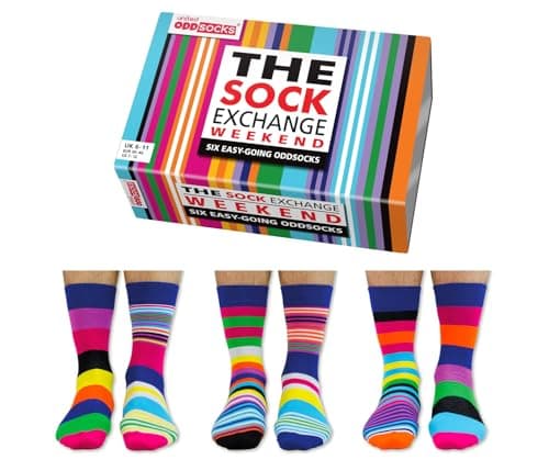 Image of United Oddsocks The Sock Exchange Weekend Gift Box – 6 Colourful Easy-Going Mix & Match Odd Socks for Men – UK 6–11, EUR 39–46, US 7–12 – Fun Striped Novelty Socks Gift for Birthdays & Weekends