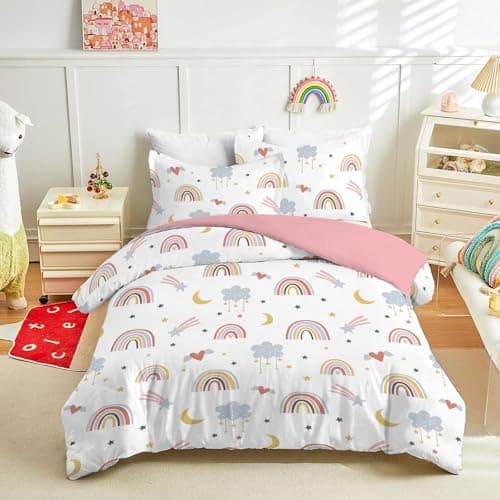 Image of Yasida Rainbow Bedding Kids Double Duvet Set Pink Heart Duvet Cover Cute Bedding With Rainbows/Clouds/Moons/Stars/Hearts For Kids Girls Double Duvet Cover 200x200cm And 2pcs Pillowcase 50x75cm