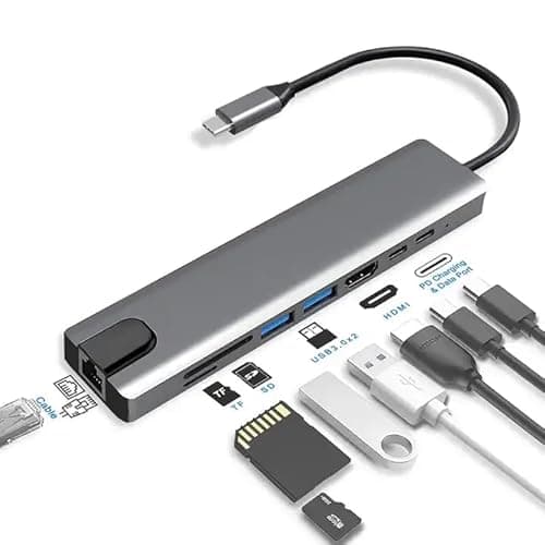 Image of USB C Hub with Ethernet, 8 In 1 Multiport Adapter with 100W PD, 4K HDMI, USB 3.0/2.0, Type C Port, SD TF Card Reader, for iPhone 15, MacBook, iPad, Samsung, Surface etc (8 in 1 USB C Hub)