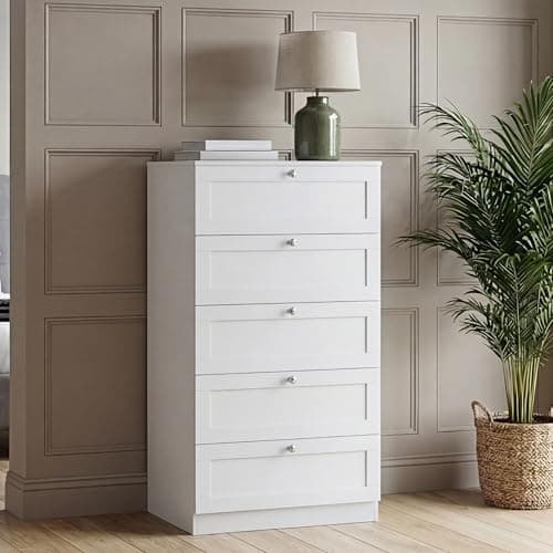 Image of Vida Designs Altino 5 Drawer Chest of Drawers | White | H 121 x W 65 x D 36 cm | Bedroom Storage Unit | Easy Assembly | Clothes Storage Cabinet | Modern Shaker Style Hallway or Guest Room