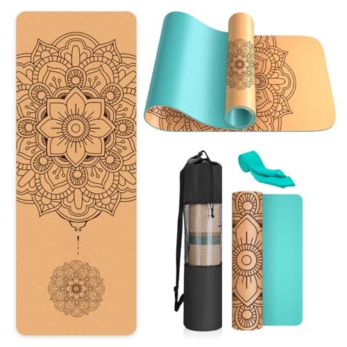 Image of Haninj Cork Yoga Mat Non Slip Unique Design Natural Cork Tpe Material Fitness Exercise Mat with Carry Bag and Strap For Home, Pilates,Aerobic,Gym & Workout 72 X 24 (Turquoise-Mandala)