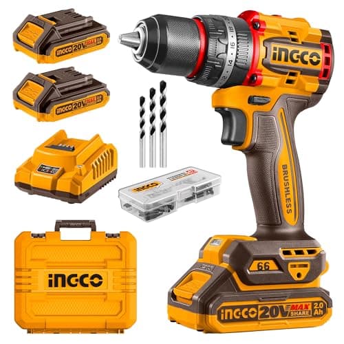Image of INGCO 20V Cordless Brushless Hammer Drill, Compact Impact Drill 66NM, Variable Speed Control, 22+1+1 Torque Setting with LED Light, 50Pcs Accessories with 2Pcs 2.0Ah Battery, 1Pcs Charger CIDLI20668