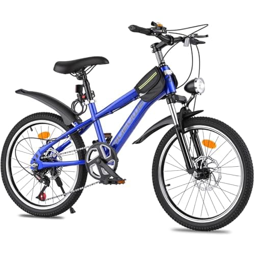 Image of OOFAYJIA 20 24-Inch Kids Mountain Bike for Boys and Girls Aged 7-14, Featuring 7-Speed Gearing, Suspension Fork, Dual Disc Brakes, Led Headlight, Multiple Colors (Blue, 20 Inch)