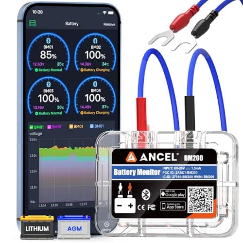 Image of ANCEL BM200Blue Car Battery Monitor Bluetooth 12V Leisure Battery Tester Auto Battery Load Tester with Cranking Charging Test Alarm Record Voltage History Voltmeter for Car/RV/Motorcycle/Truck/Boat