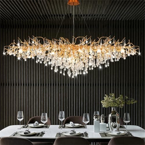 Image of Leomix Modern Crystal Tree Branch Chandelier, Rectangle Large Gold Linear Raindrop Indoor Hanging Pendant Light Fixture for Dining Room Kitchen Island Living Room Bedroom 12 Lights L47.2''