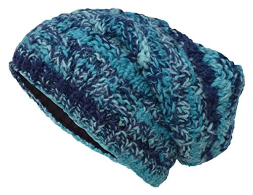 Image of Gheri Cable Knit Winter Fleece Lined Slouch Beanie Wool Rasta Hat Blue Tie Dye
