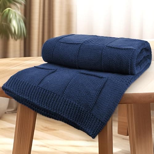 Image of XJGQZ Navy Blue Knit Throw Blanket, Classical Checkered Blanket for Couch, Cozy Warm Knitted Throw Blanket for Bed Sofa Living Room, Lightweight Decorative Stretched Throw, 127cmX152cm