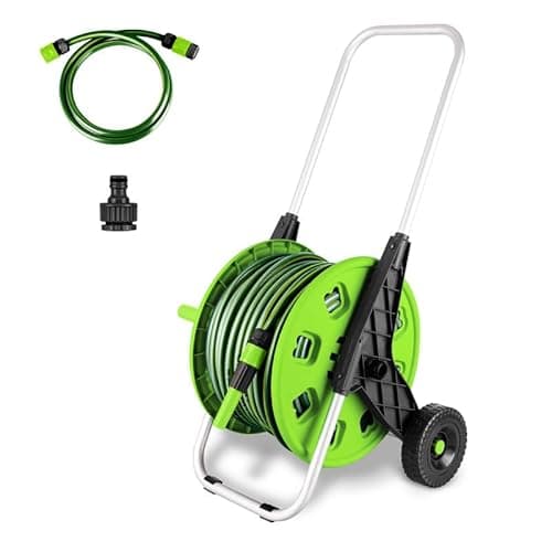 Image of 50M Garden Hose Trolley with Hosepipe |48.5m Water Pipe + 1.5m Leader Hose | Spray Gun | Rewind Handle | Tap Connectors | Wheels | Freestanding | Car Pressure Washer Compatible