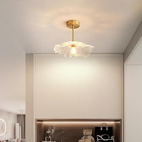 Image of Kariosid Semi Flush Mount Ceiling Light Fixture,Modern Flower Glass Ceiling Lights,Vintage Gold Brass Close to Ceiling Light for Entrywayr,Hallway,Courtyard,Showroom