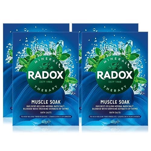 Image of Radox Muscle Soak Bath Therapy Thyme Scented Herbal Bath Salt with expertly Blended Herbs and Minerals to Soothe and soak Your Tired and Aching Muscles, 400g Multi Buy 4 Pack