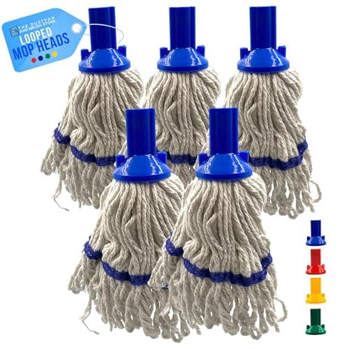 Image of Blue Looped Cotton Mop Heads Replacement with Absorbent Yarn, Self Threading Floor Mop Head, Floor Mops for Tiles, Wood, Laminate - Color Coded Commercial Cleaning - Pack of 5