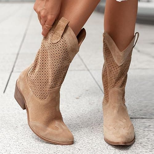 Image of Generic Women's Brown Western Cowboy Boots, Size 6 UK, Pointed Toe, Suede, Winter, Solid Pattern, Comfortable Interior, Easy On/Off, Secure Fit, Western Style