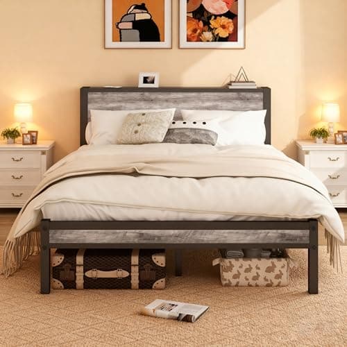 Image of DUMEE Double Bed Frames with Wooden Storage Shelf Headboard, Metal Platform Bed Frame Double, No Box Spring Needed, Noise Free, Reinforced Strong Support Leg,Black+Grey Oak1